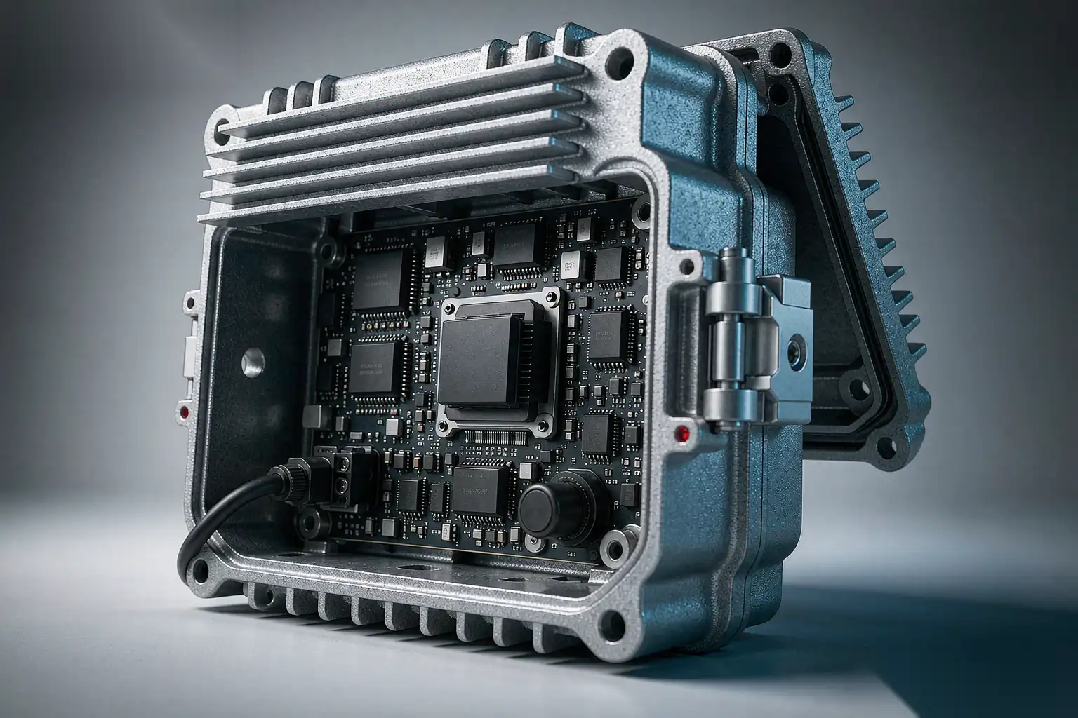 Black die-cast aluminum enclosure with cooling fins
