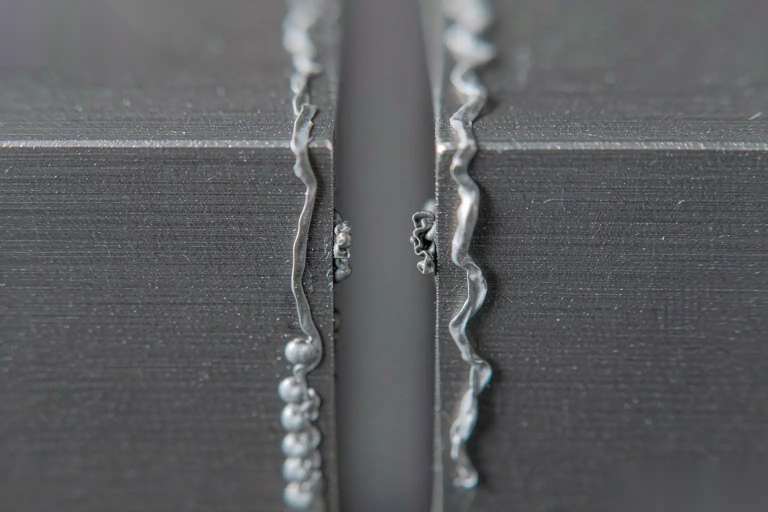 Extreme close-up of a burr along the edge of a die-cast part