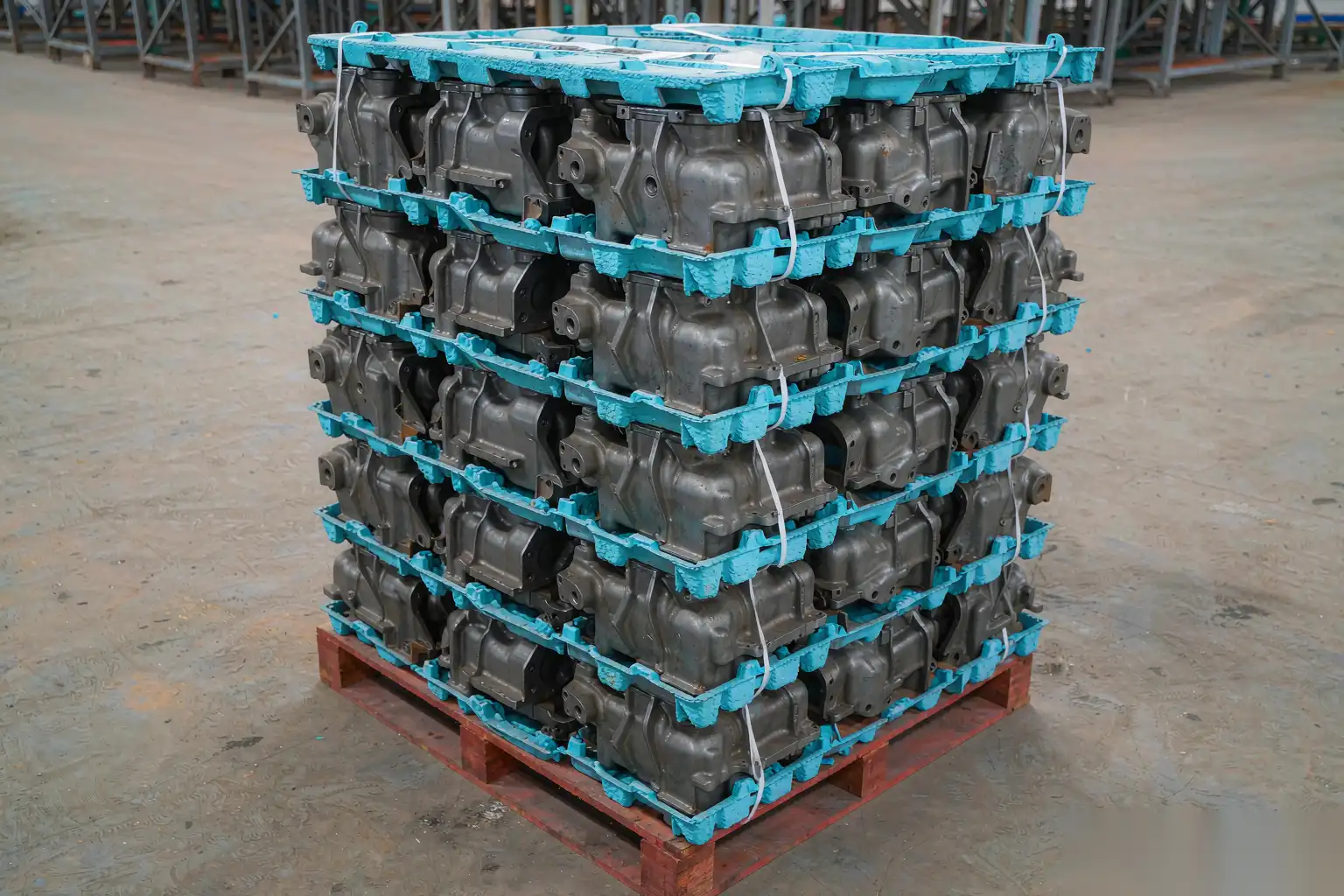 Stacked pallets of packaged die-cast components ready for shipment