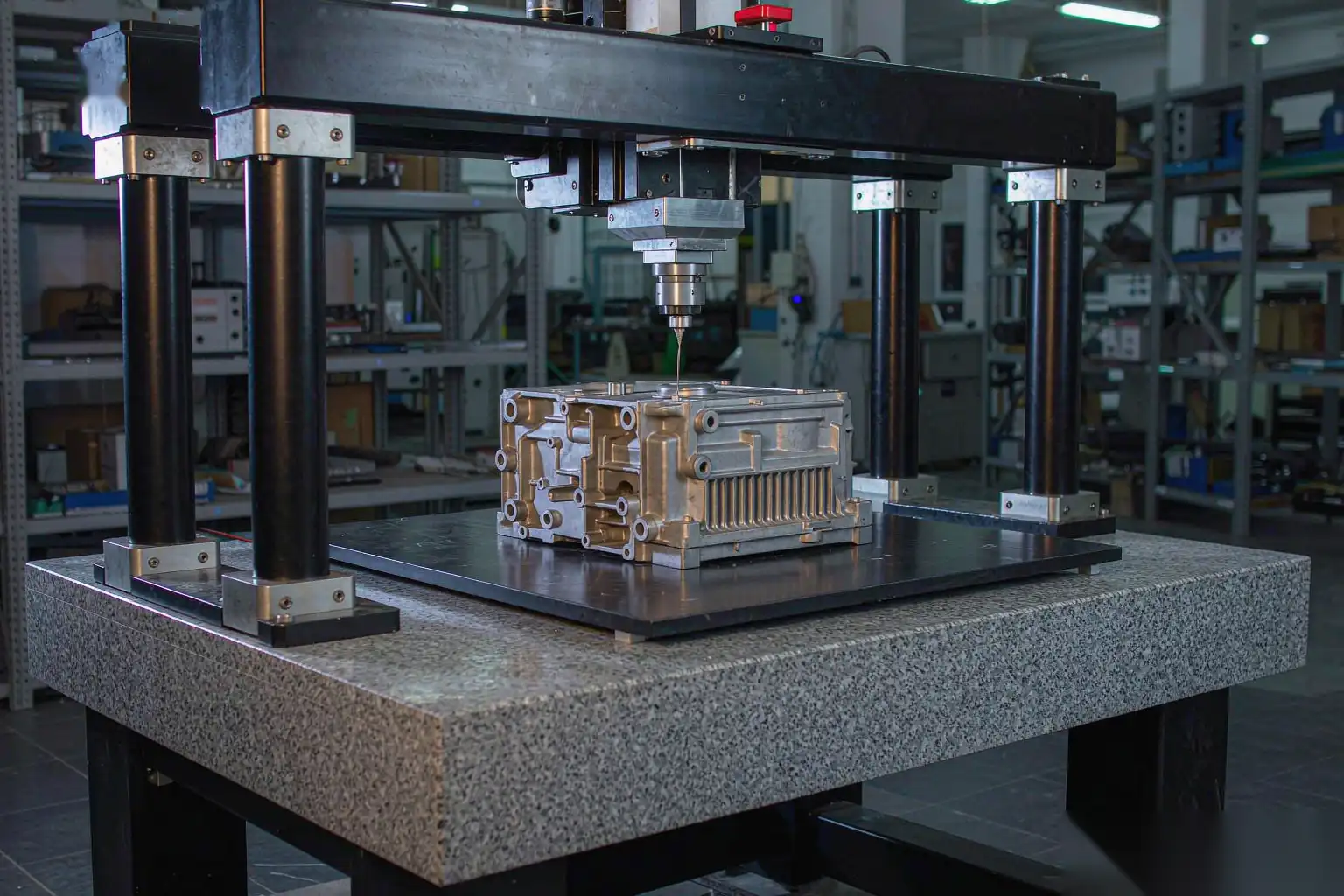 Coordinate measuring machine inspecting die-cast parts in a metrology room