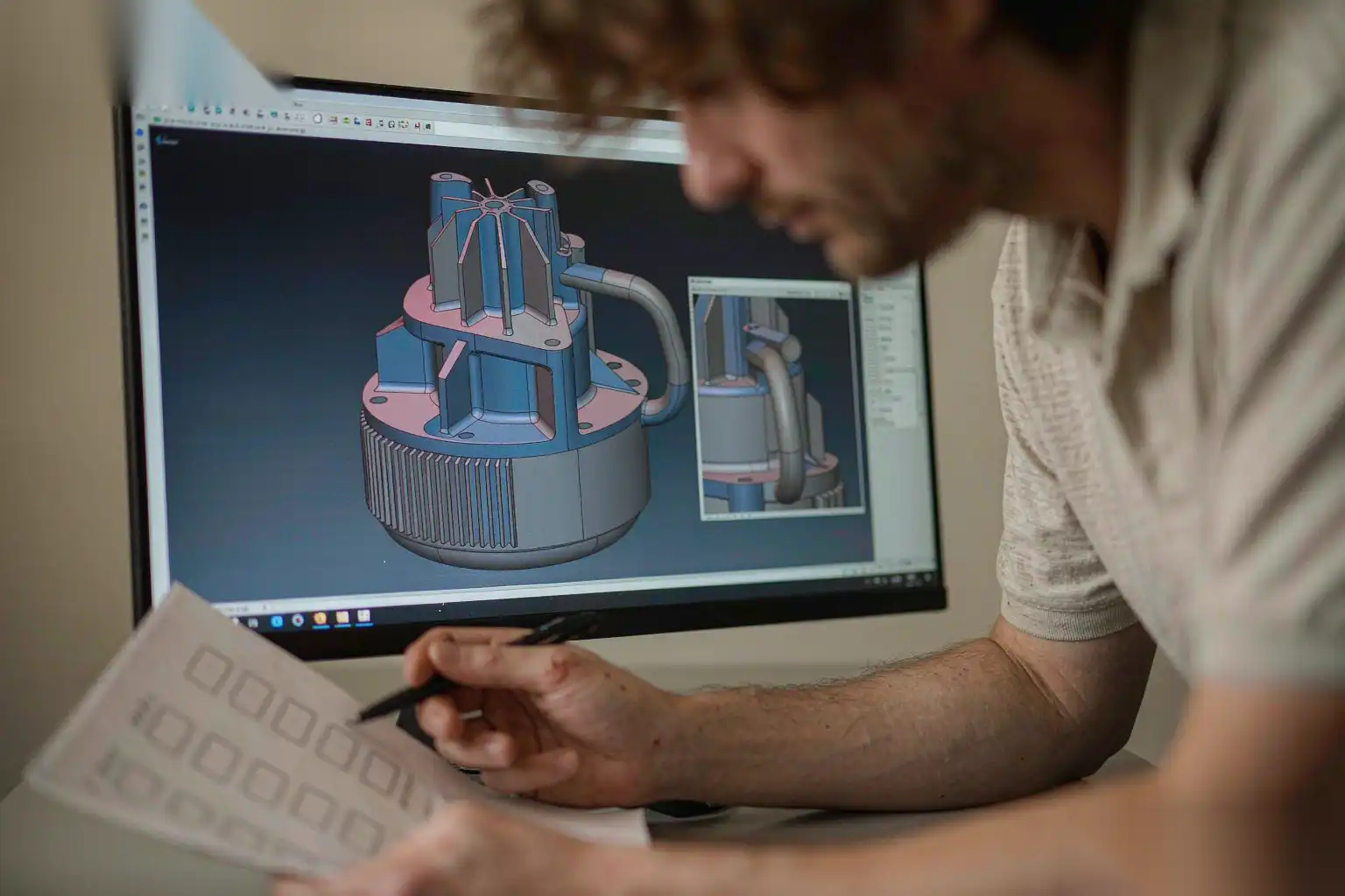 Ingeniero revisando un dibujo de pieza de fundición a presión contra una lista de verificación DFM