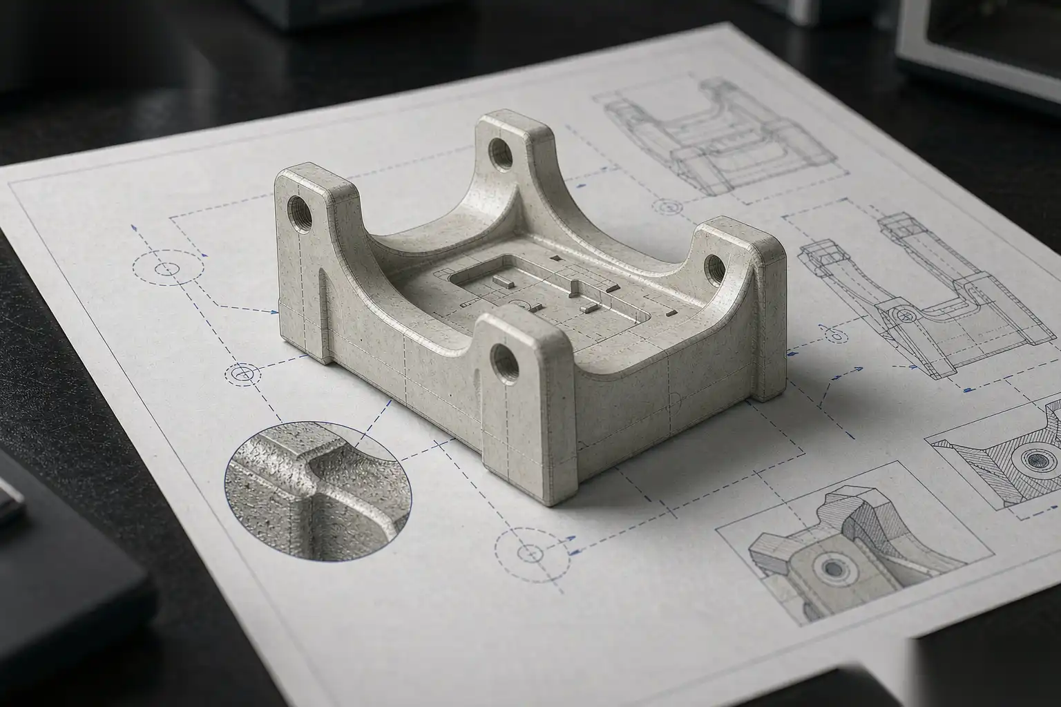 Technical drawing and machined die-cast bracket on a drafting table
