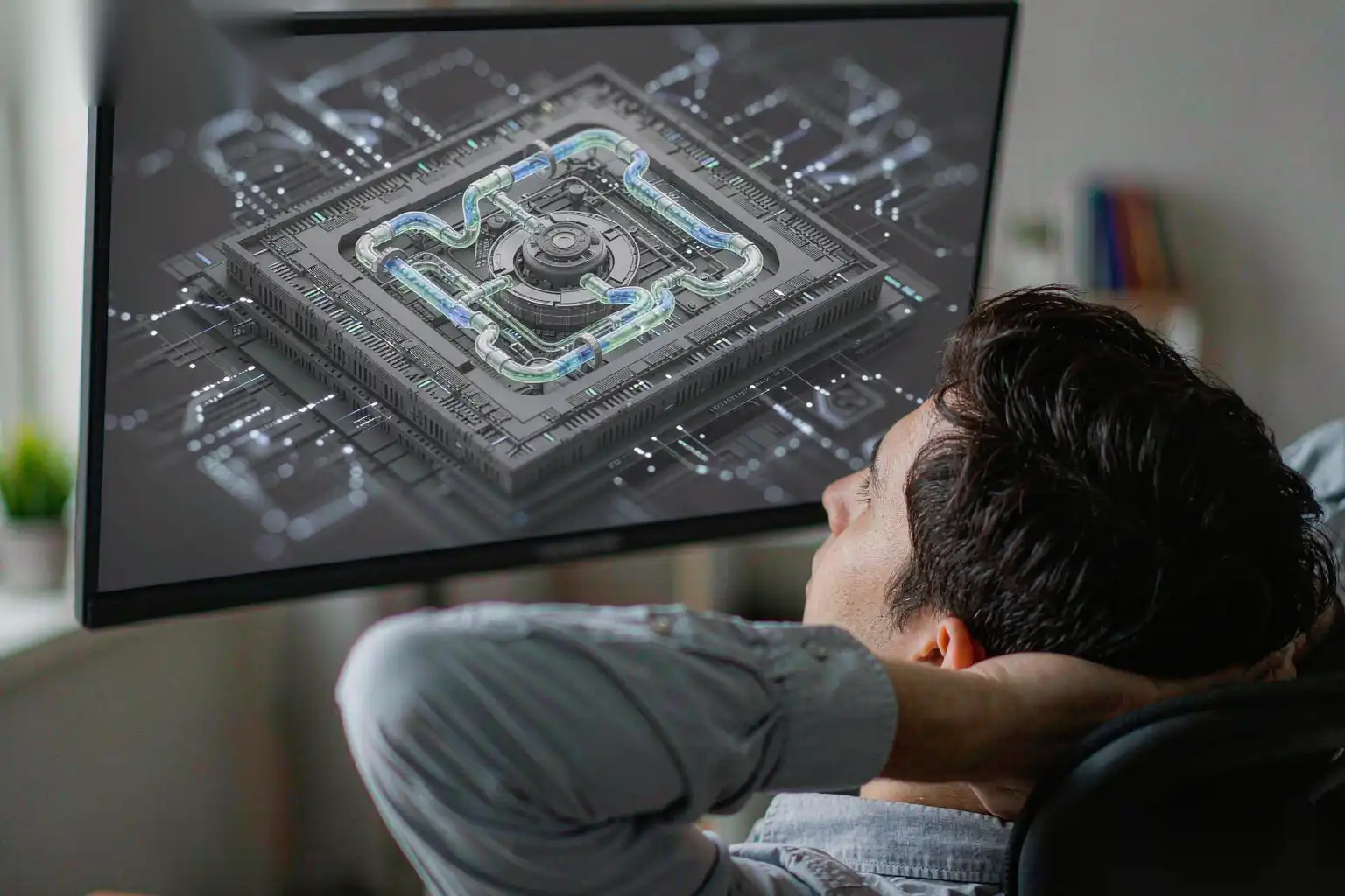 Engineer reviewing die cooling layout on a screen