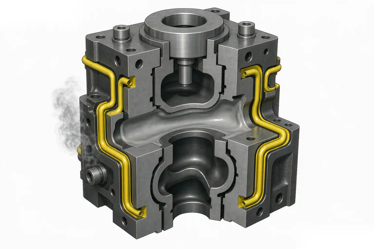 CAD cross-section of a die-casting die showing internal cooling channels in yellow