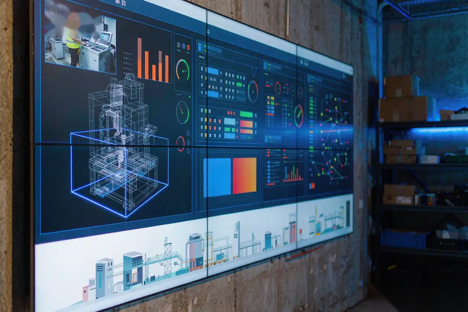 Digital twin dashboard monitoring die-casting production on a control room screen