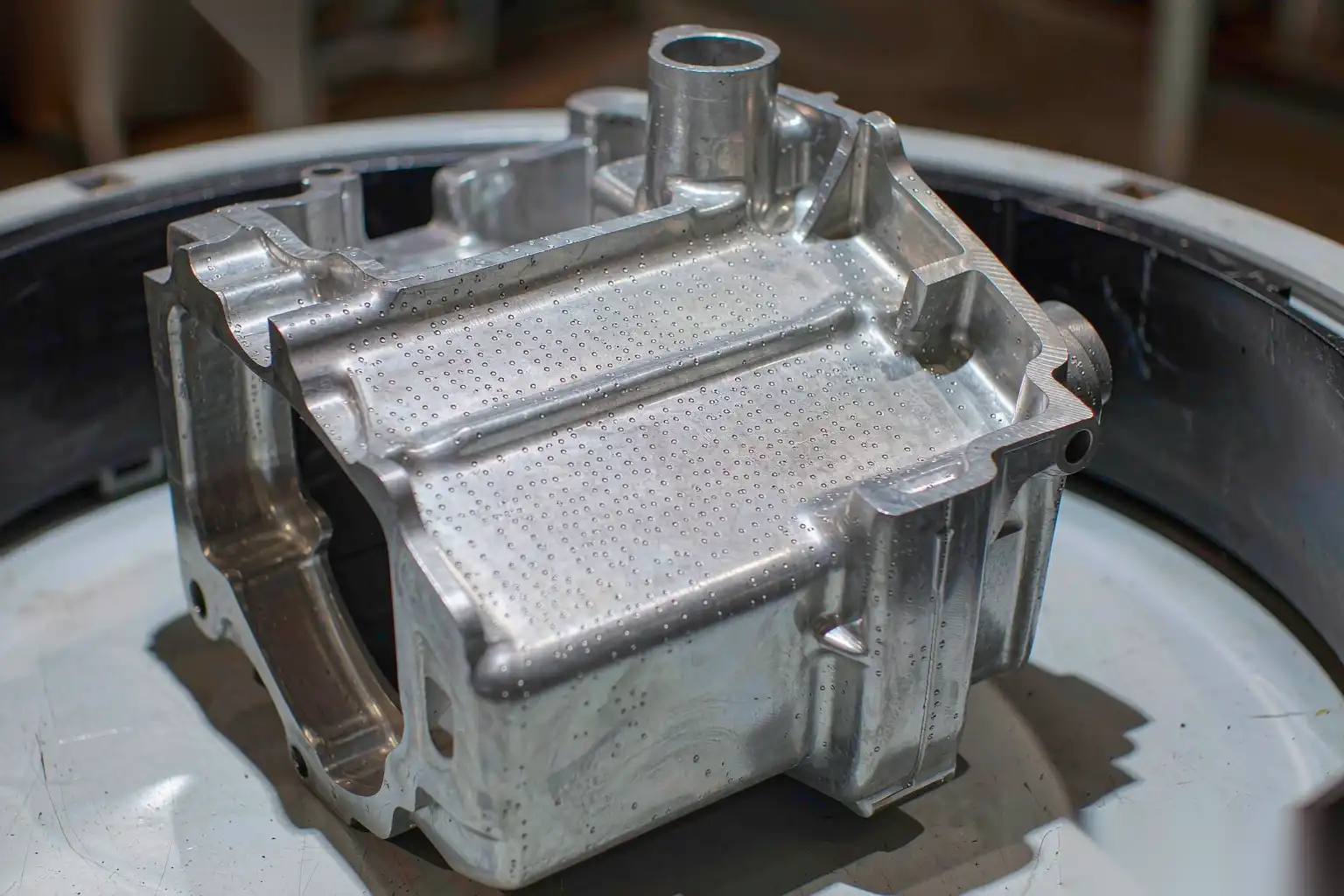 Aluminum die-cast housing with ejector pin marks left by the ejector system