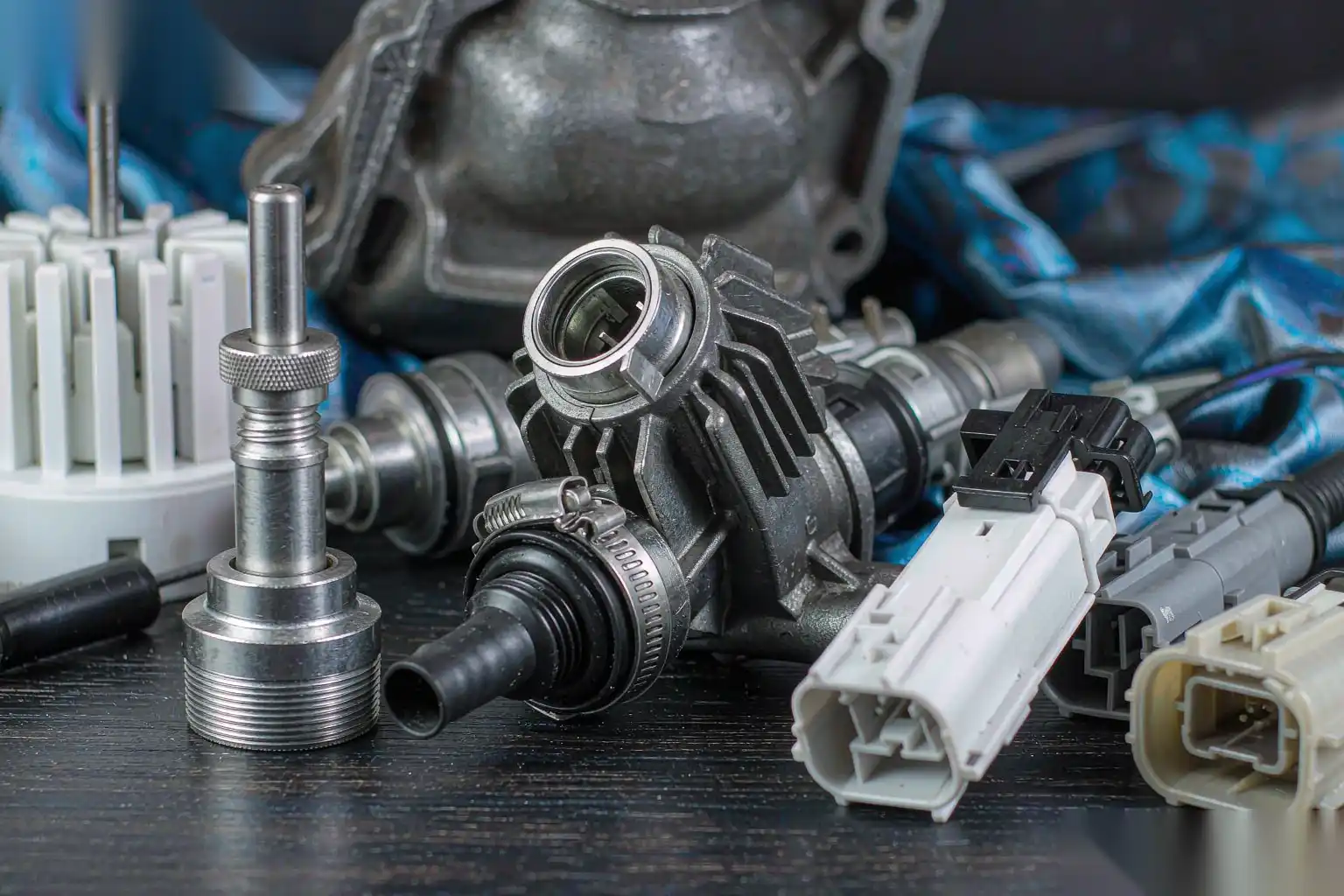 Close-up of machined aluminum die-cast sensor housings for automotive electronics