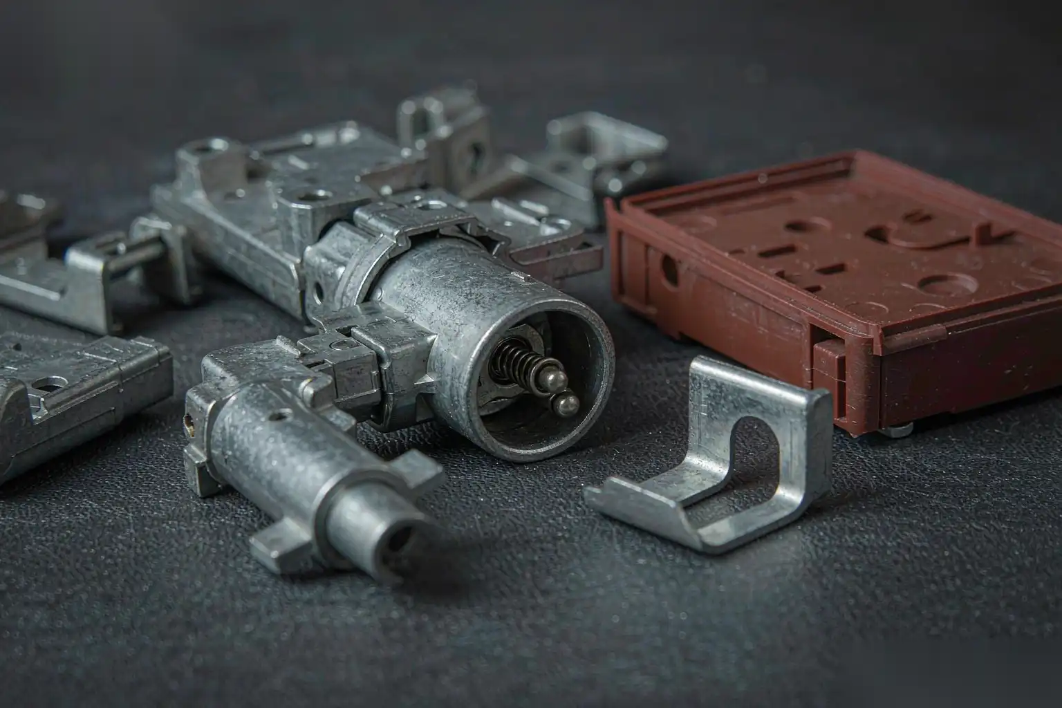 Die-cast door lock and hardware components on a dark surface