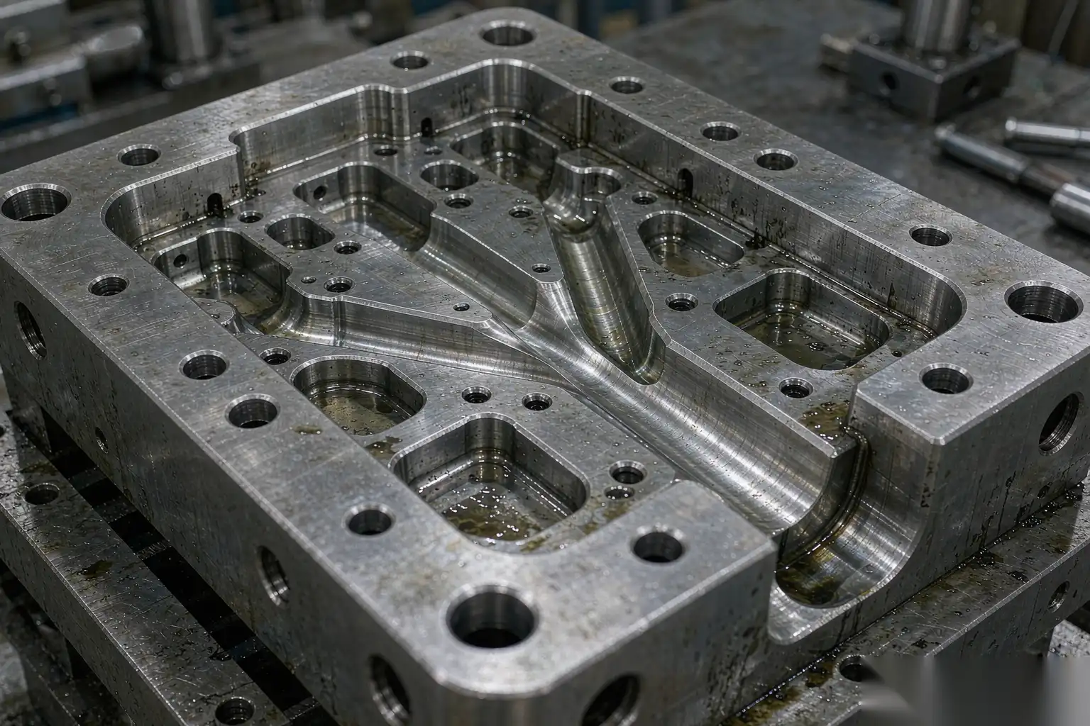 CAD model of a die-casting gating system with runners and overflows