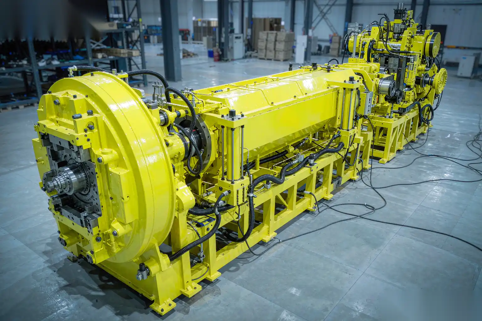 Large yellow die-casting machine with clamping unit in a foundry