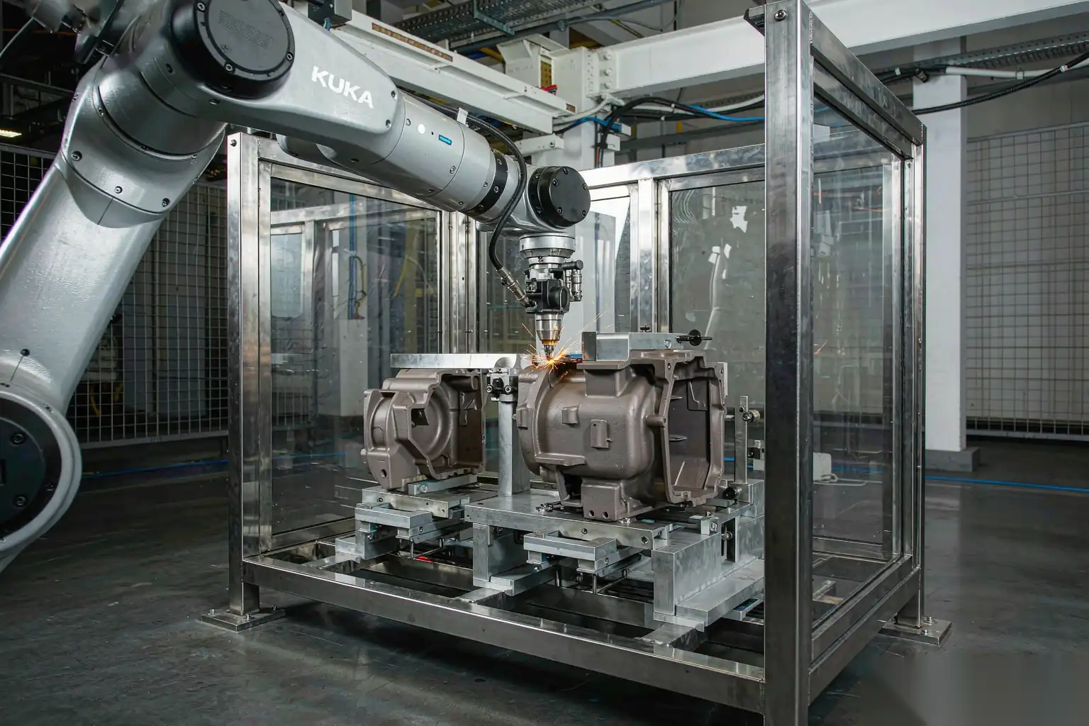 Robotic grinding cell handling freshly trimmed die cast parts