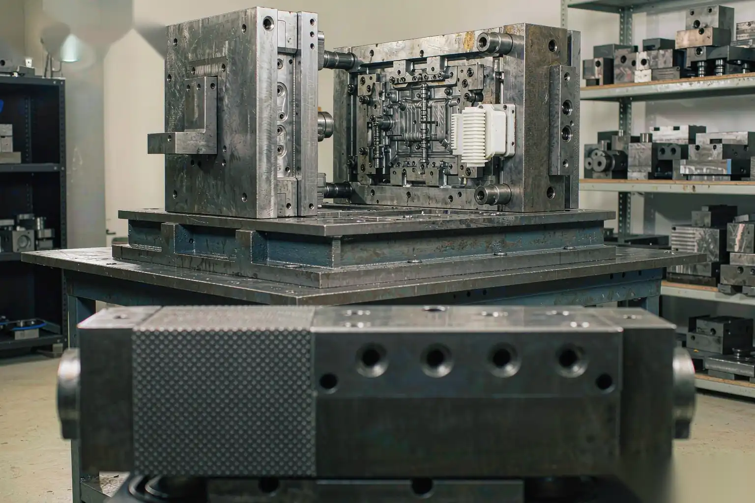Die-casting die block with cores and slides during maintenance