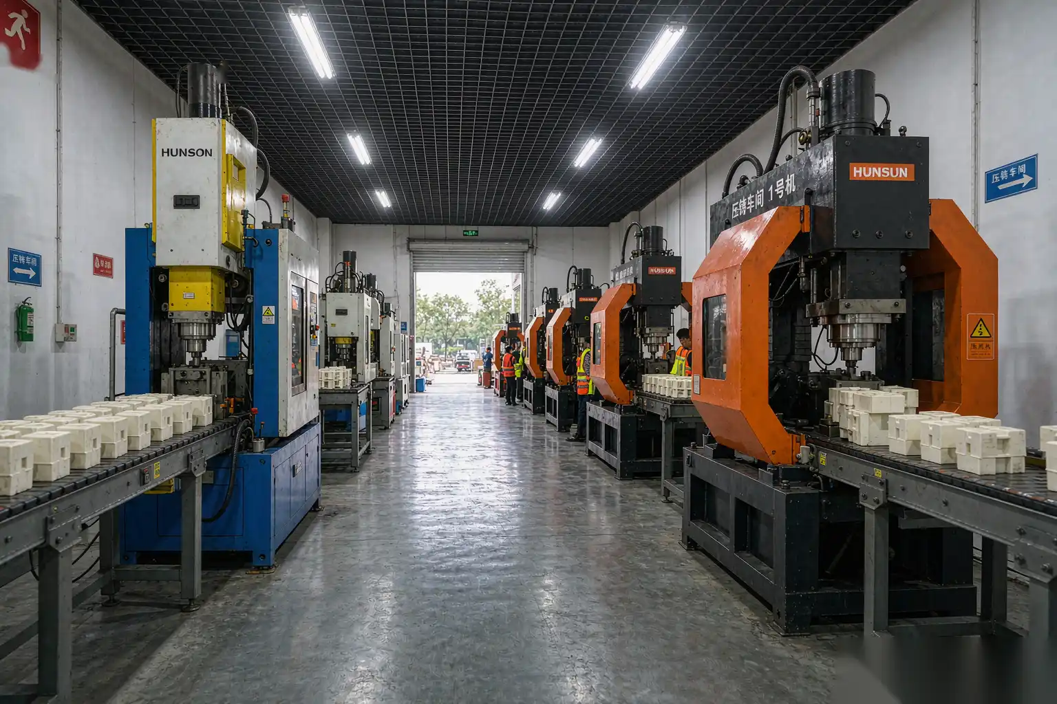 Injection molding machine and die casting machine in a factory floor setting