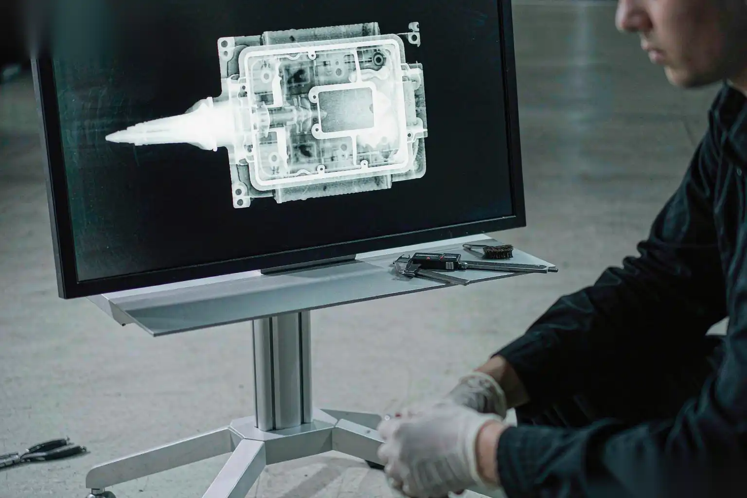 Inspector leyendo una imagen de rayos X de un componente de fundición a presión