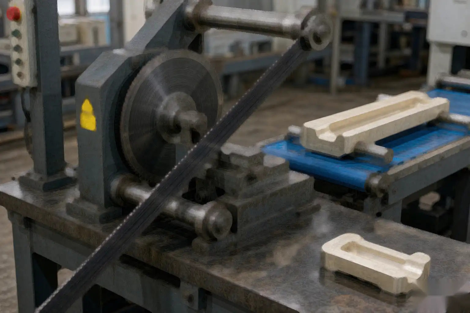 Automatic band saw cutting faucet casting runners with minimal material waste