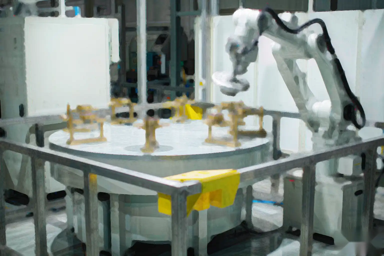 Robotic buffing cell finishing brass faucet bodies to a mirror surface