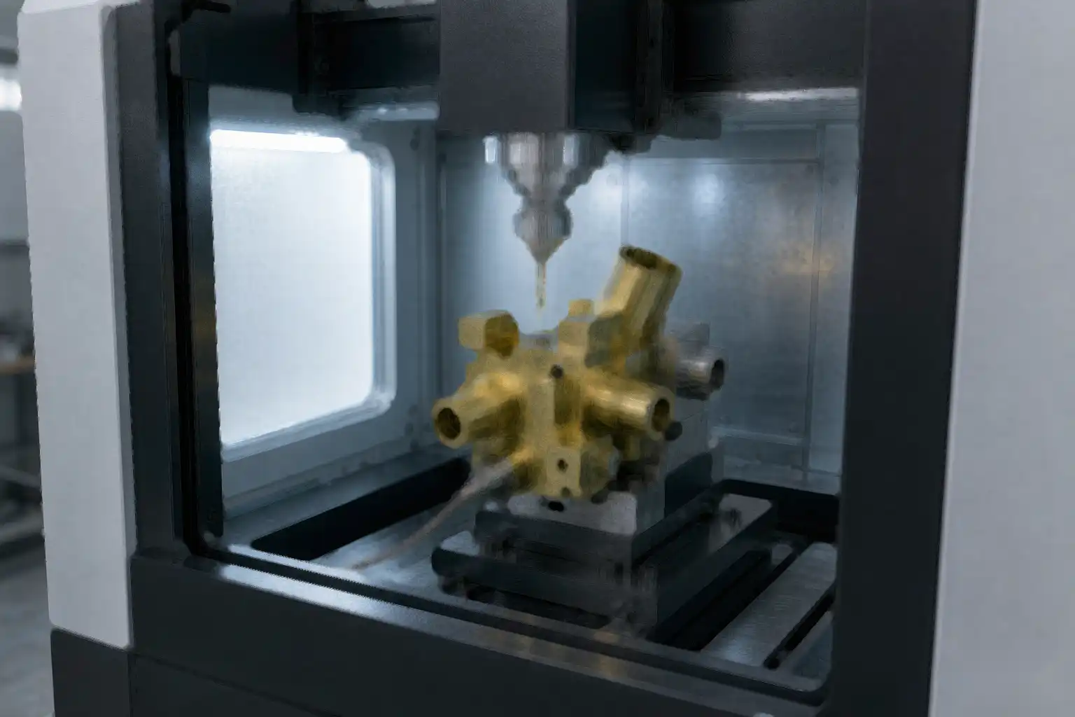 CNC machining center finishing a brass faucet body with precision tooling