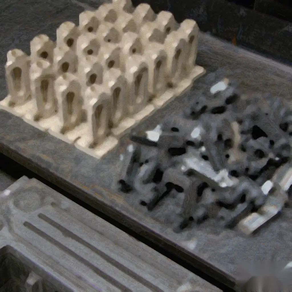 Uniform automatic faucet sand cores arranged next to irregular hand-rammed cores on a bench
