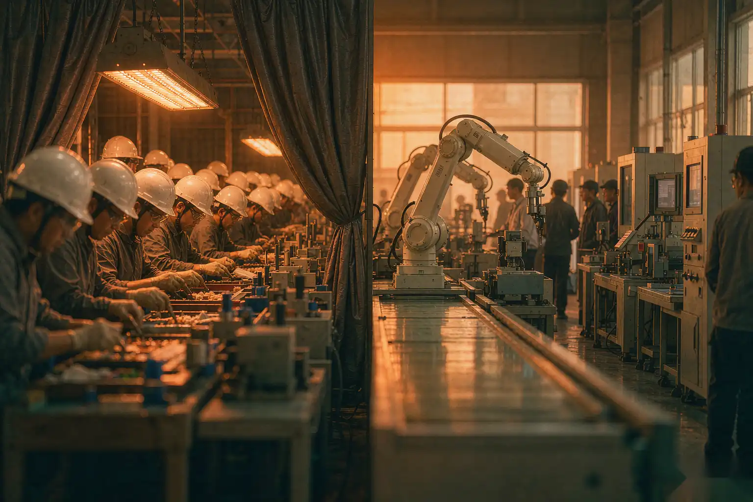 Side-by-side factory scenes comparing hand finishing labor with automated faucet line supervision