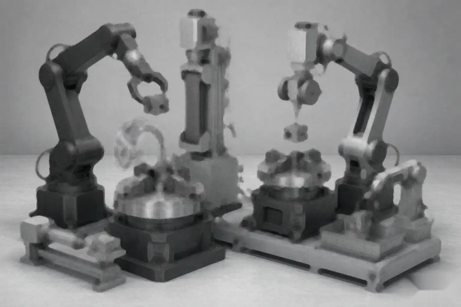 Diagram of a robotic grinding cell with fixture rotation, belt, and spindle removing parting line and gate