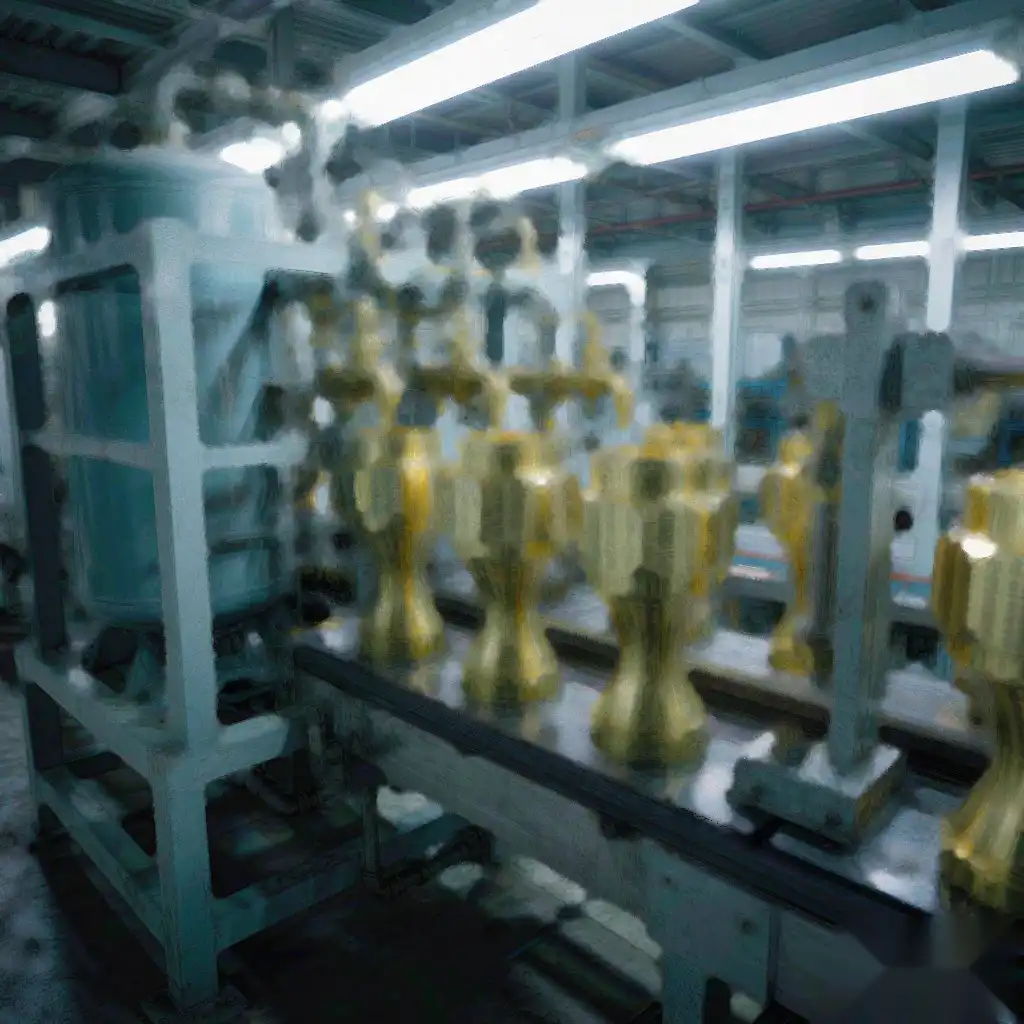 Brass faucet bodies moving along a conveyor through automated production stations