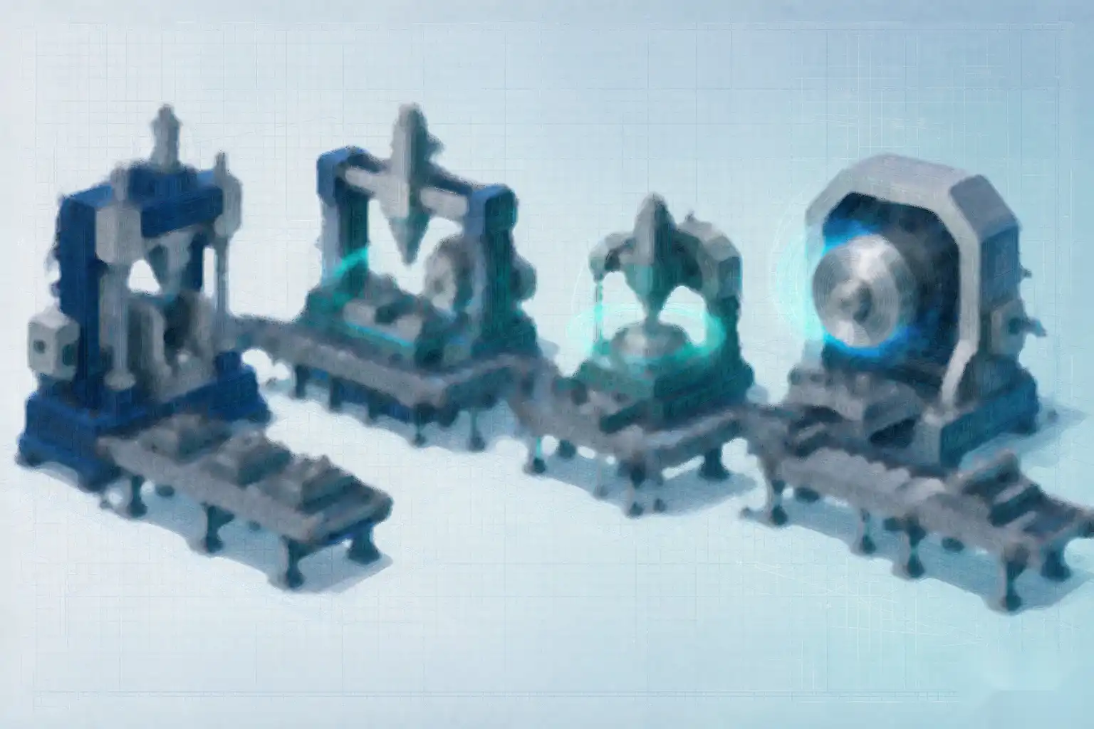 Layout of an automated faucet line showing flow between casting, machining, grinding, and buffing cells