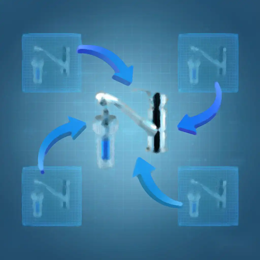 Faucet line digital model on a screen with balanced station cycle times and flow arrows