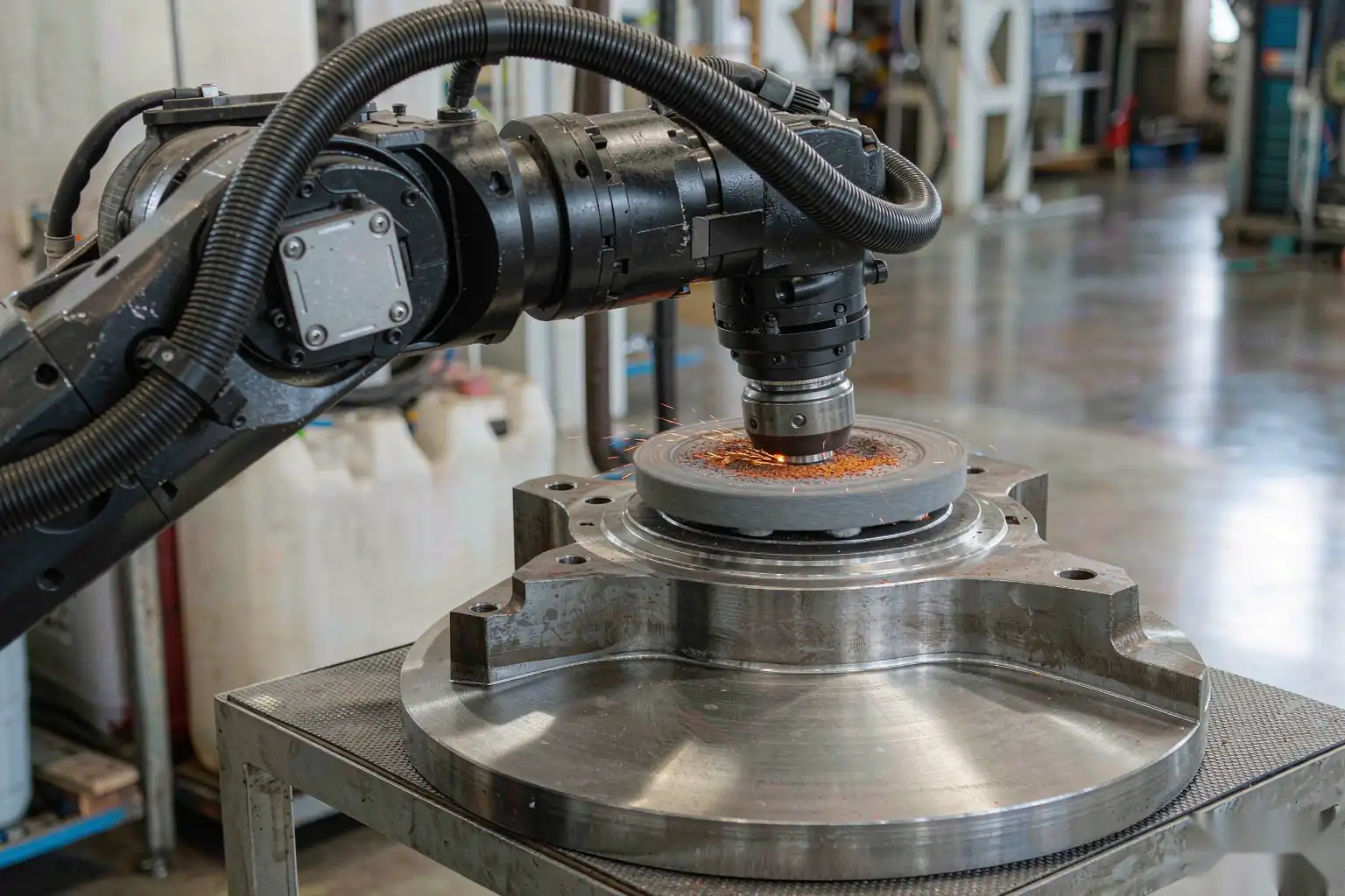 Robotic finishing cell blending a metal flange face to a uniform surface quality