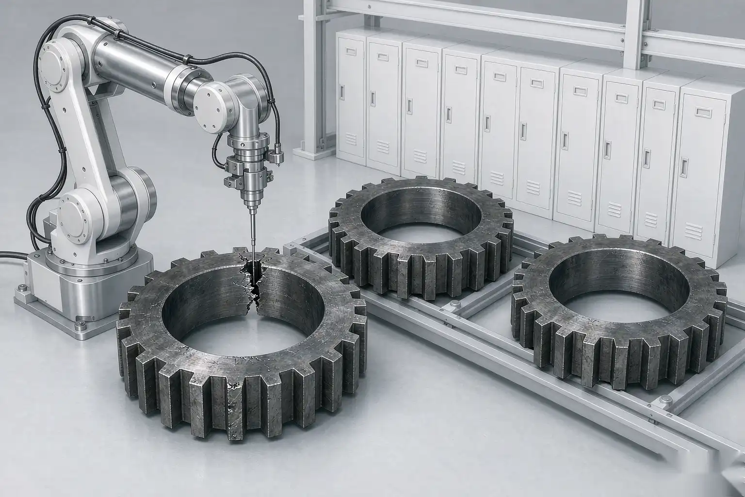 Diagram of a robotic finishing cell presenting a flange face to a rotating pad at locked force for even surface