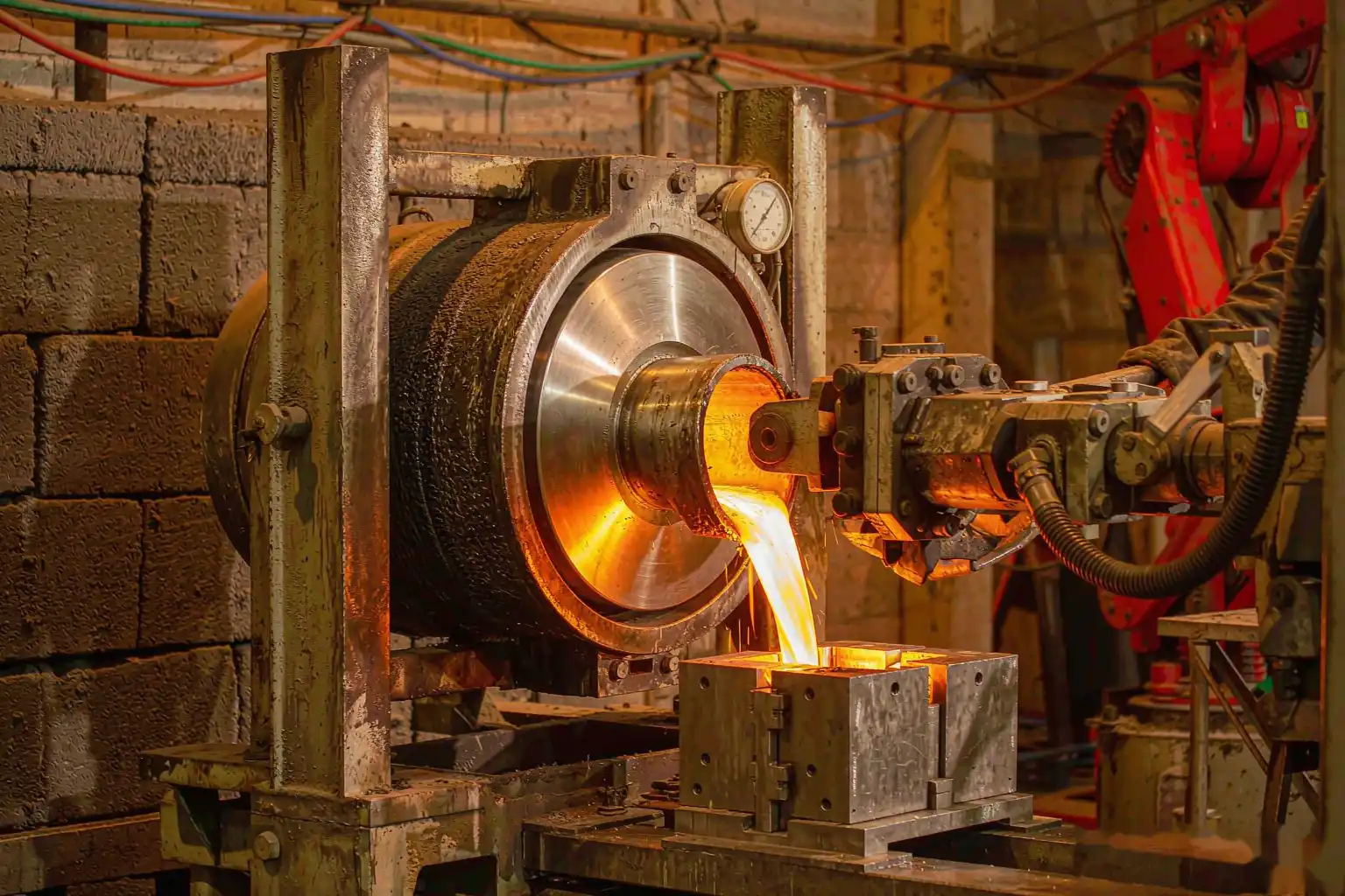 Gravity die casting machine pouring molten aluminum into a permanent steel mold in a foundry