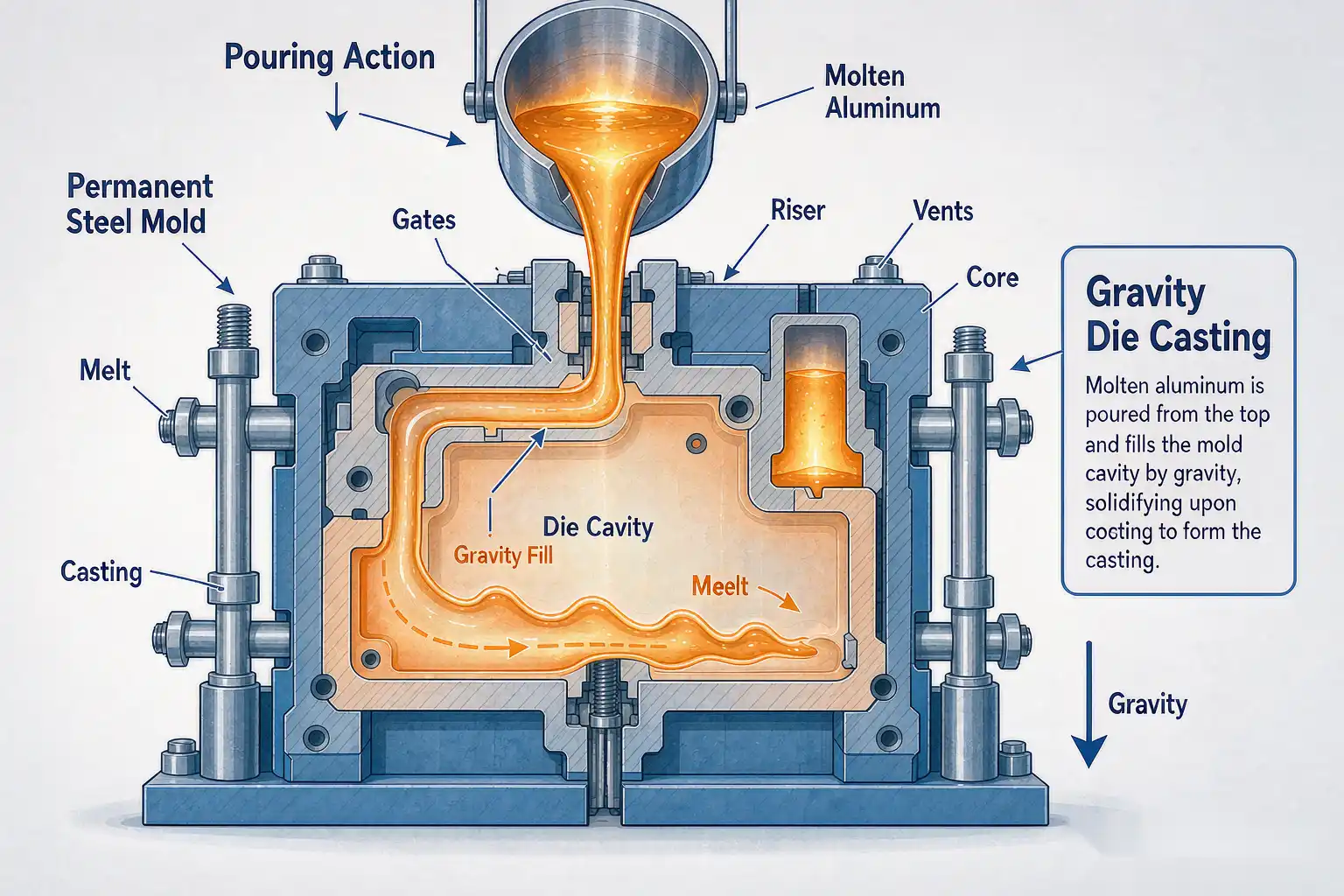 Cross-section diagram of a gravity die casting permanent mold filling with molten aluminum from the top by gravity