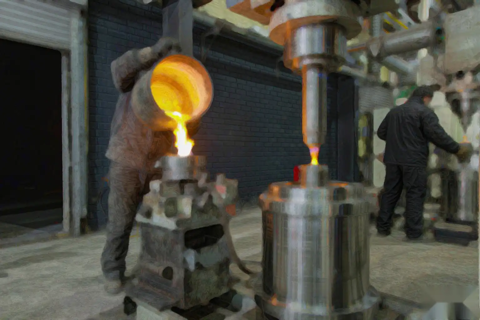 Side-by-side foundry view of a gravity die casting station and a low pressure die casting furnace cell
