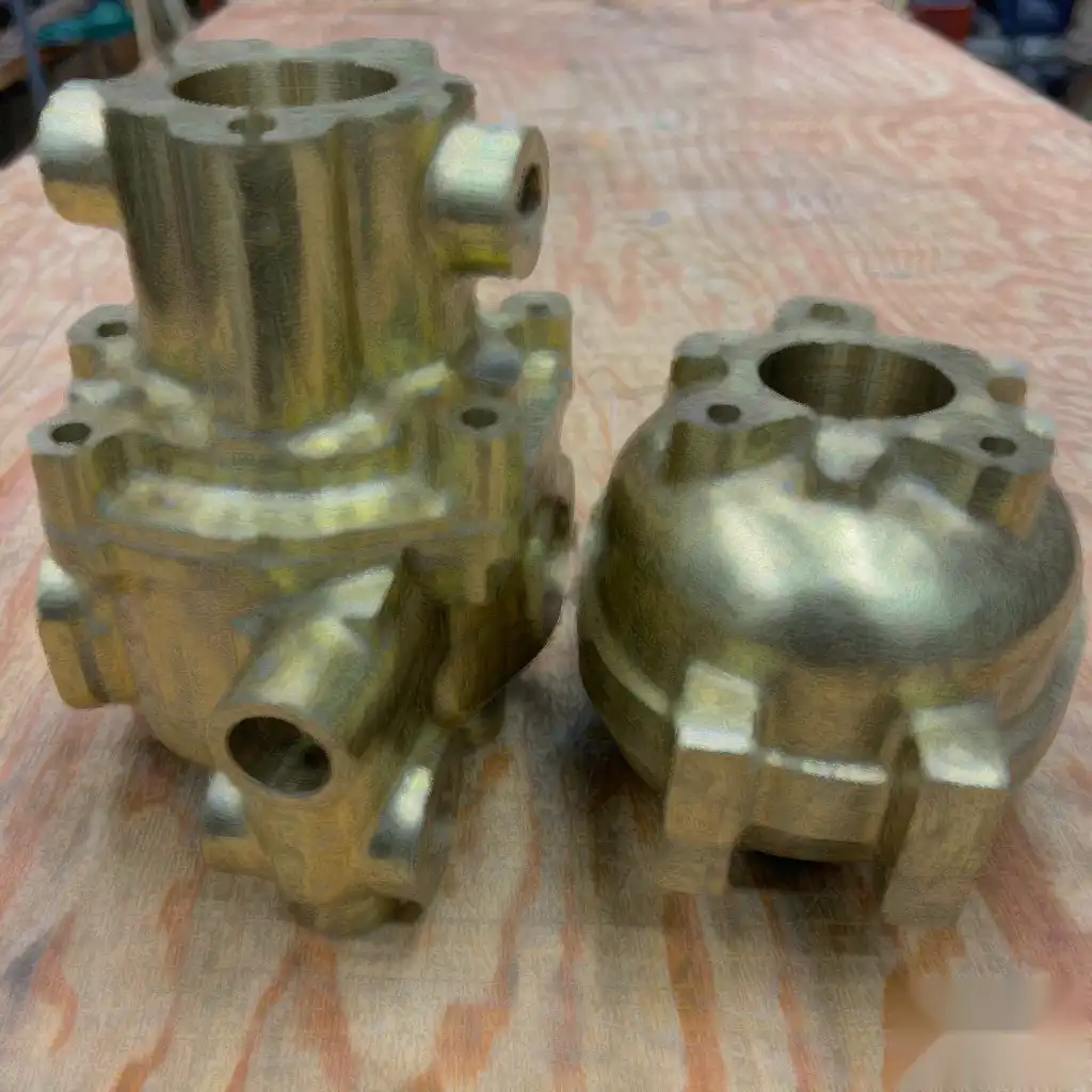 Brass valve body castings showing a hand-poured gravity surface next to a clean low pressure die cast surface