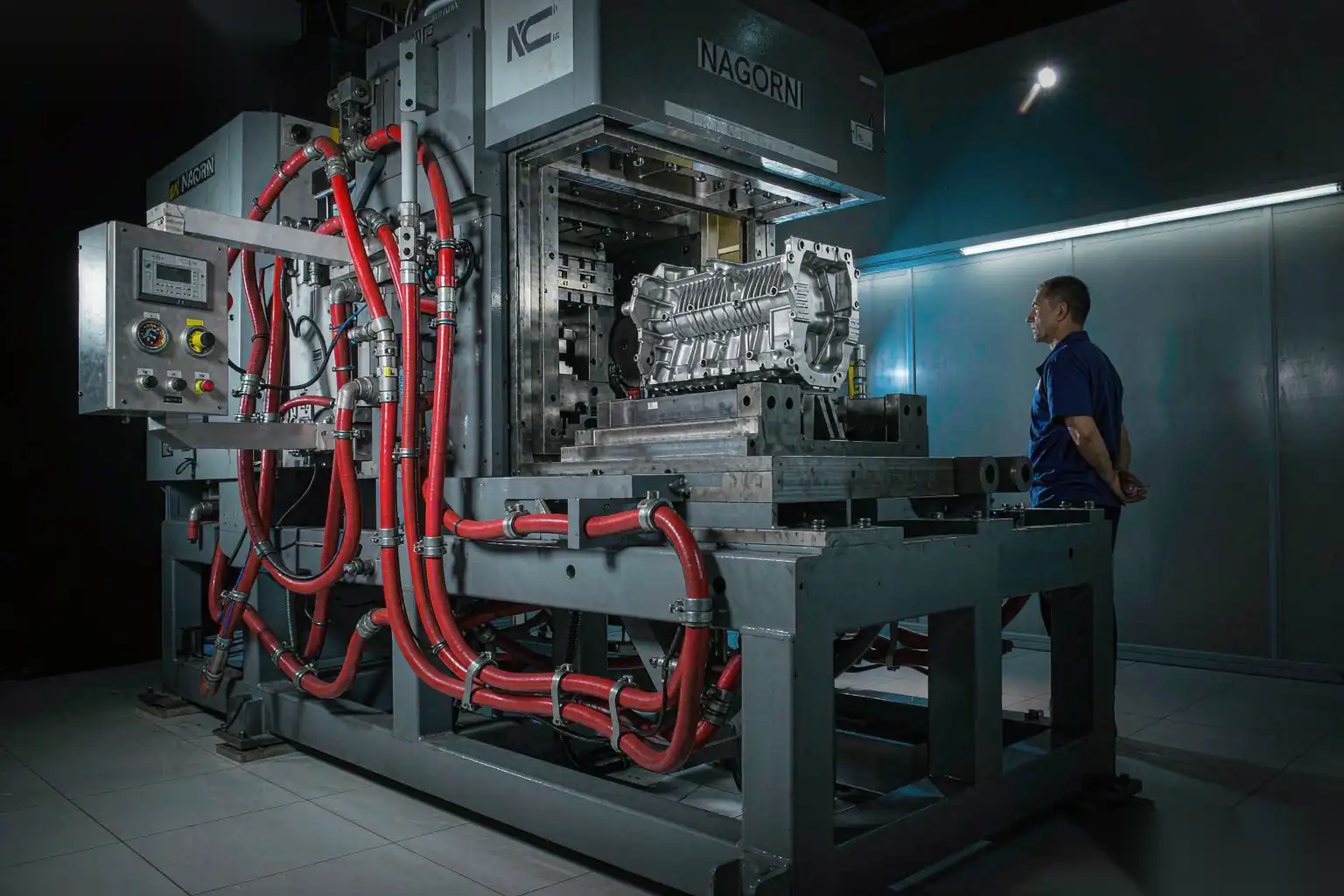 High pressure die-casting cell with robots and hydraulic piping