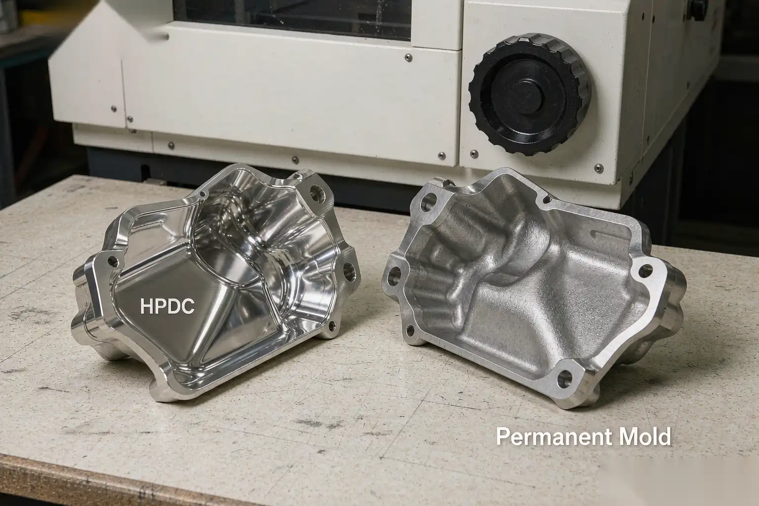 Comparison of HPDC and permanent mold cast aluminum sample parts on a workbench