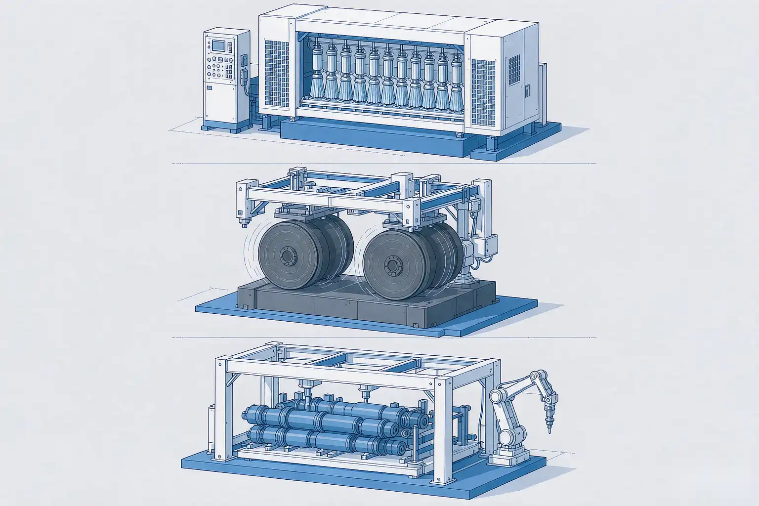 Diagram comparing a brushing machine, a rotary wheel polisher, and a robotic buffing cell for hinge finishing