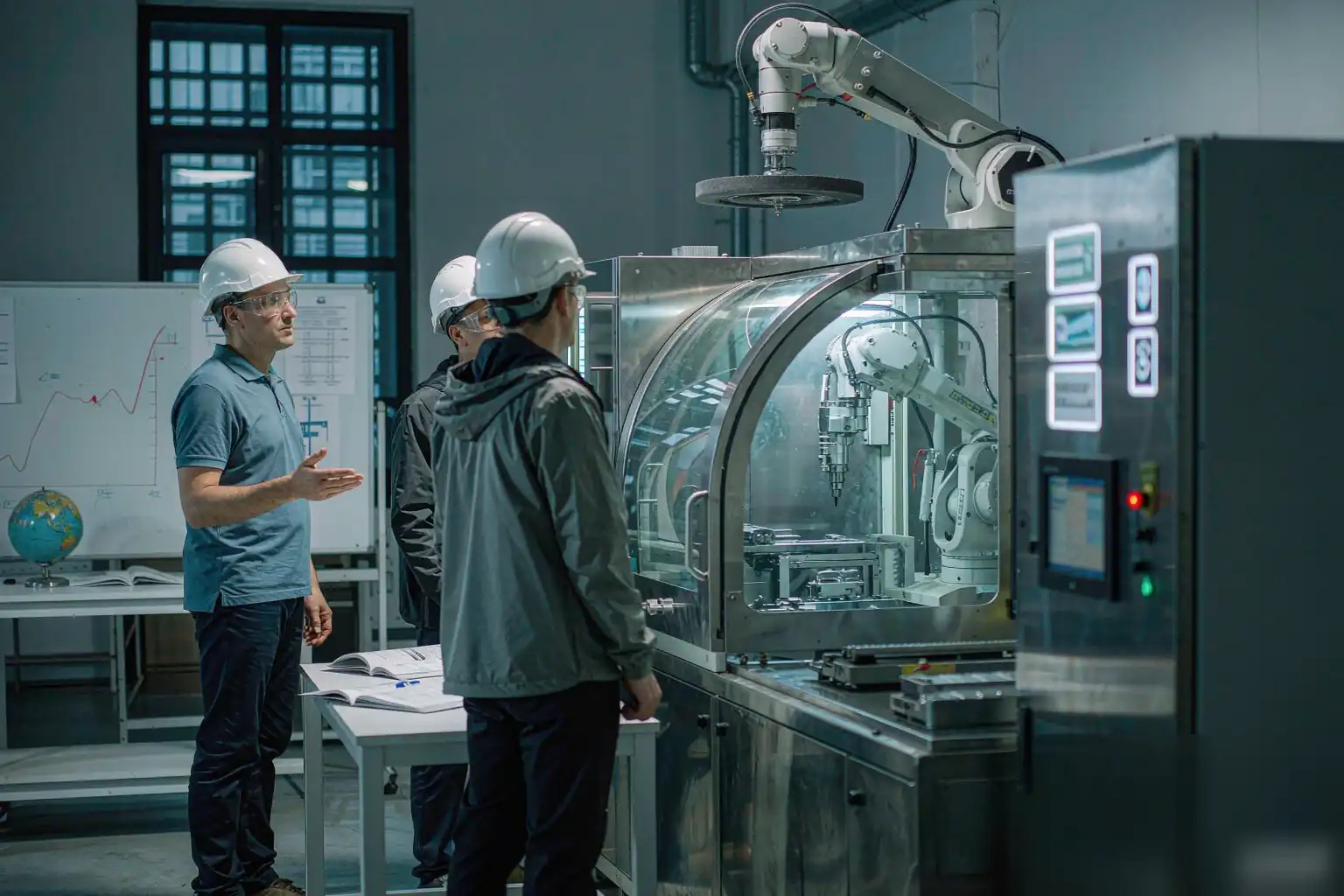 Supervisor capacitando a operadores en una máquina de pulido automatizada