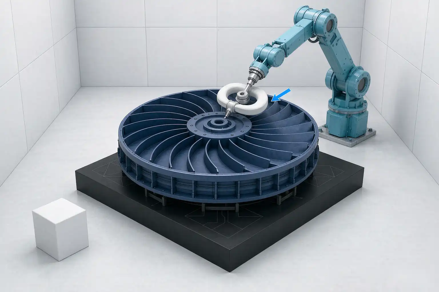 Diagram of a robotic polishing cell sweeping a compliant wheel along a curved impeller blade from hub to rim