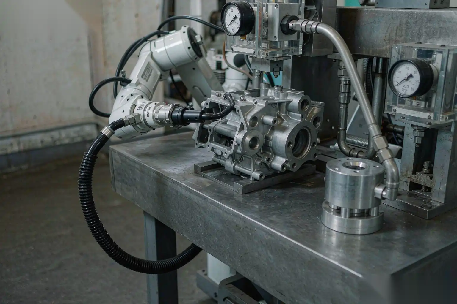 Automated leak test station with hoses connected to a die-cast part