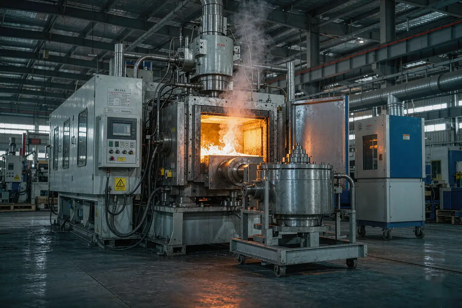 Low pressure die casting machine pouring molten aluminum in a foundry