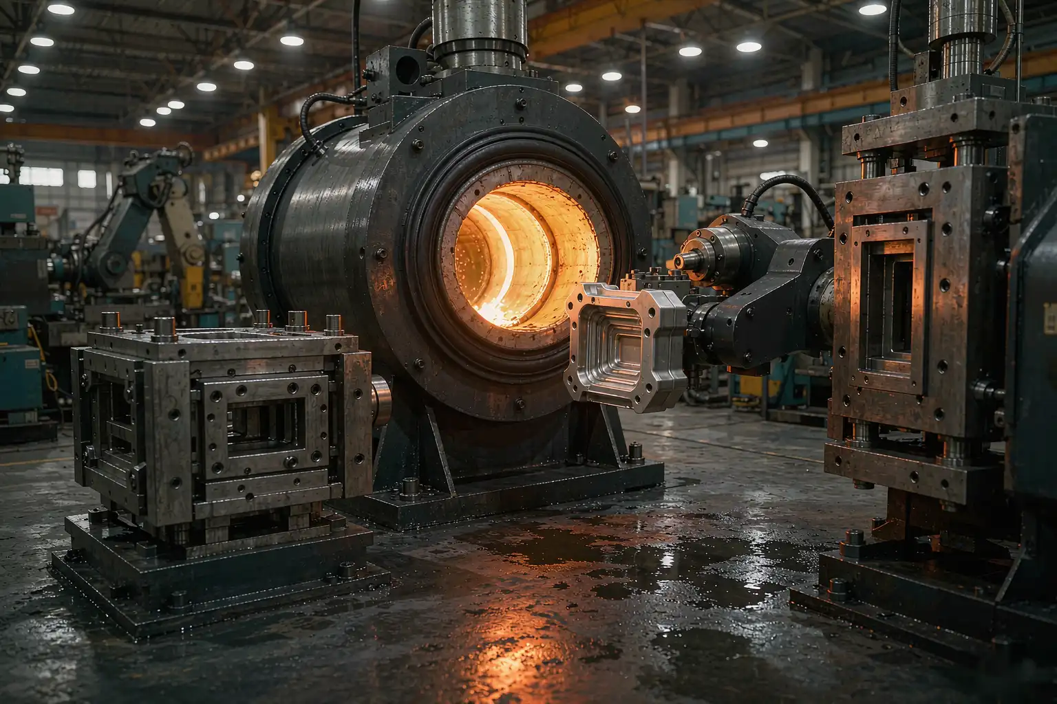 Low pressure die casting production line with furnace, mold stations, and robotic extraction in a foundry