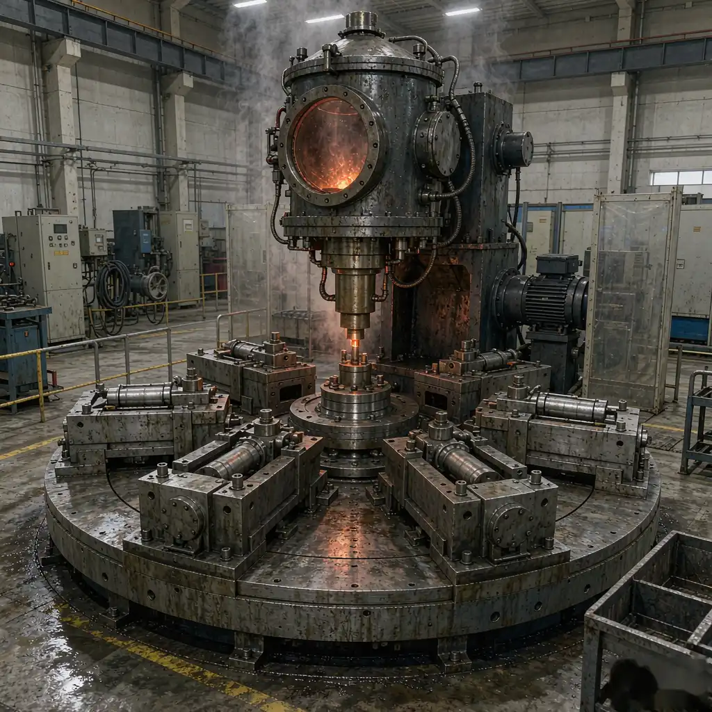 Assembled low pressure die casting cell with one furnace feeding several steel mold stations