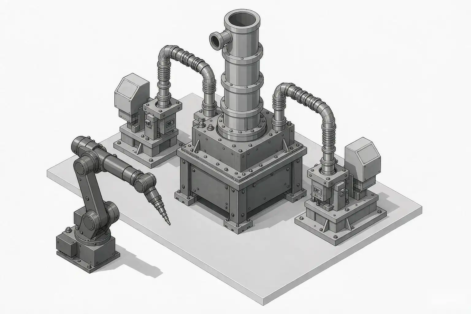 Layout diagram of a low pressure die casting cell showing furnace, stalk, mold stations, and cooling