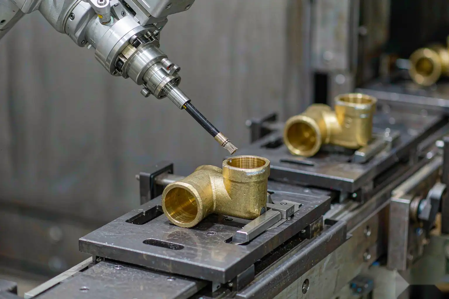 Robotic deburring cell removing burrs from brass pipe fittings on a conveyor