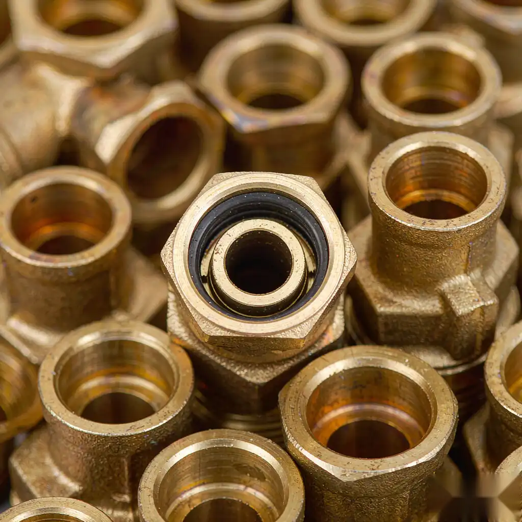 Batch of deburred brass pipe fittings showing clean bore edges ready for assembly