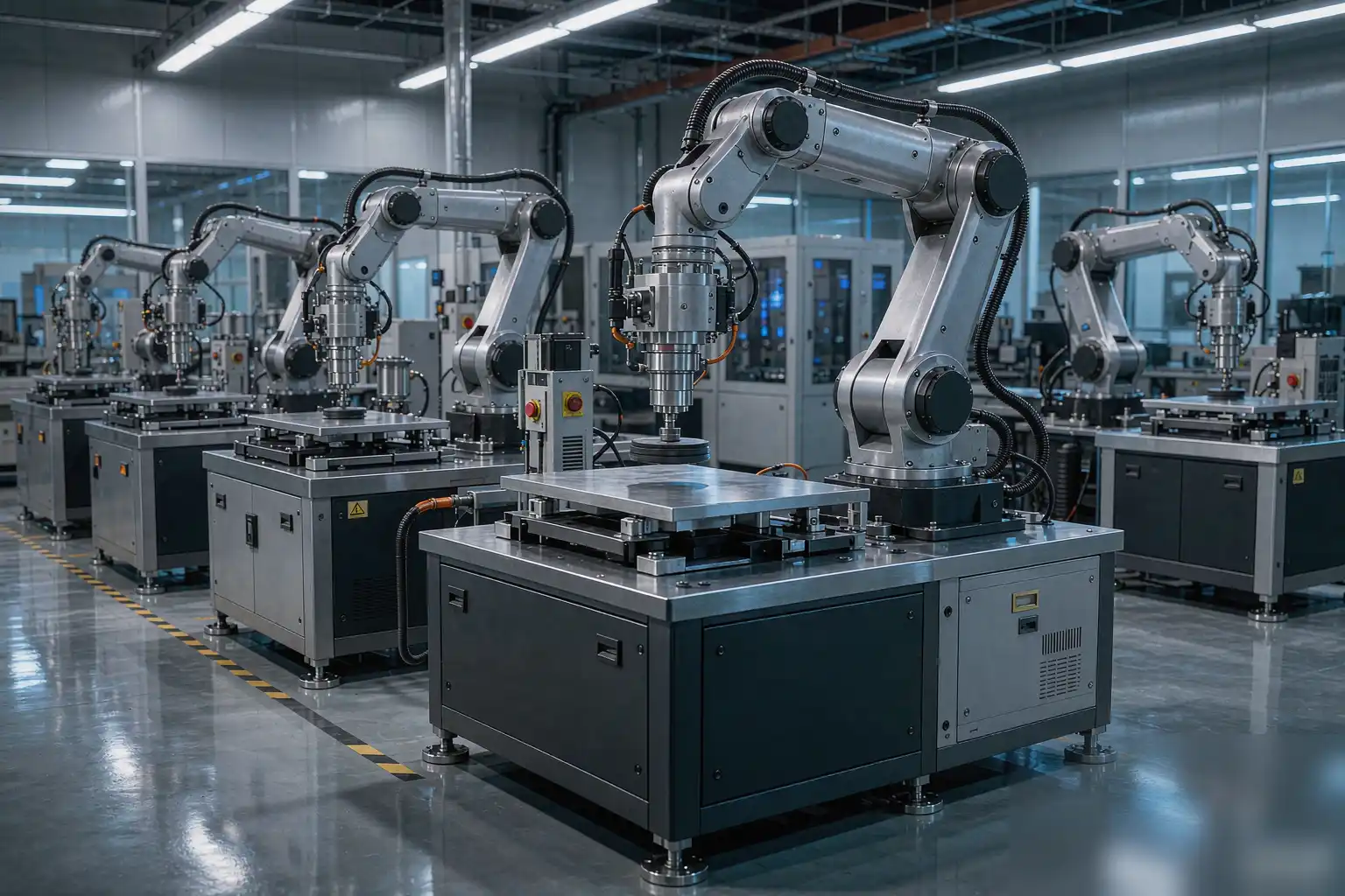 Row of automatic polishing machines on a factory floor