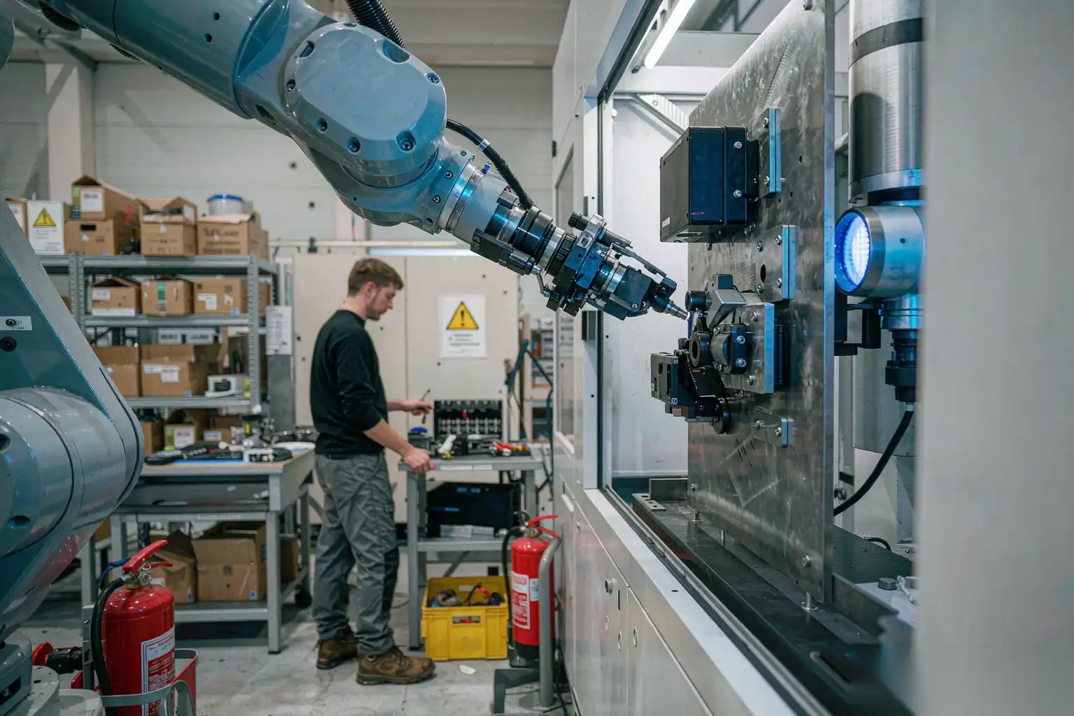 Maintenance technician servicing an automated polishing cell