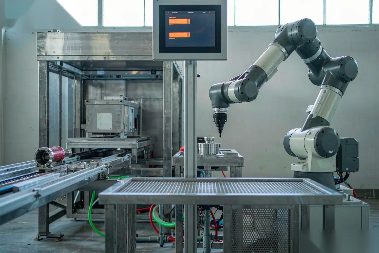Automated robotic production cell with robot arm and conveyor