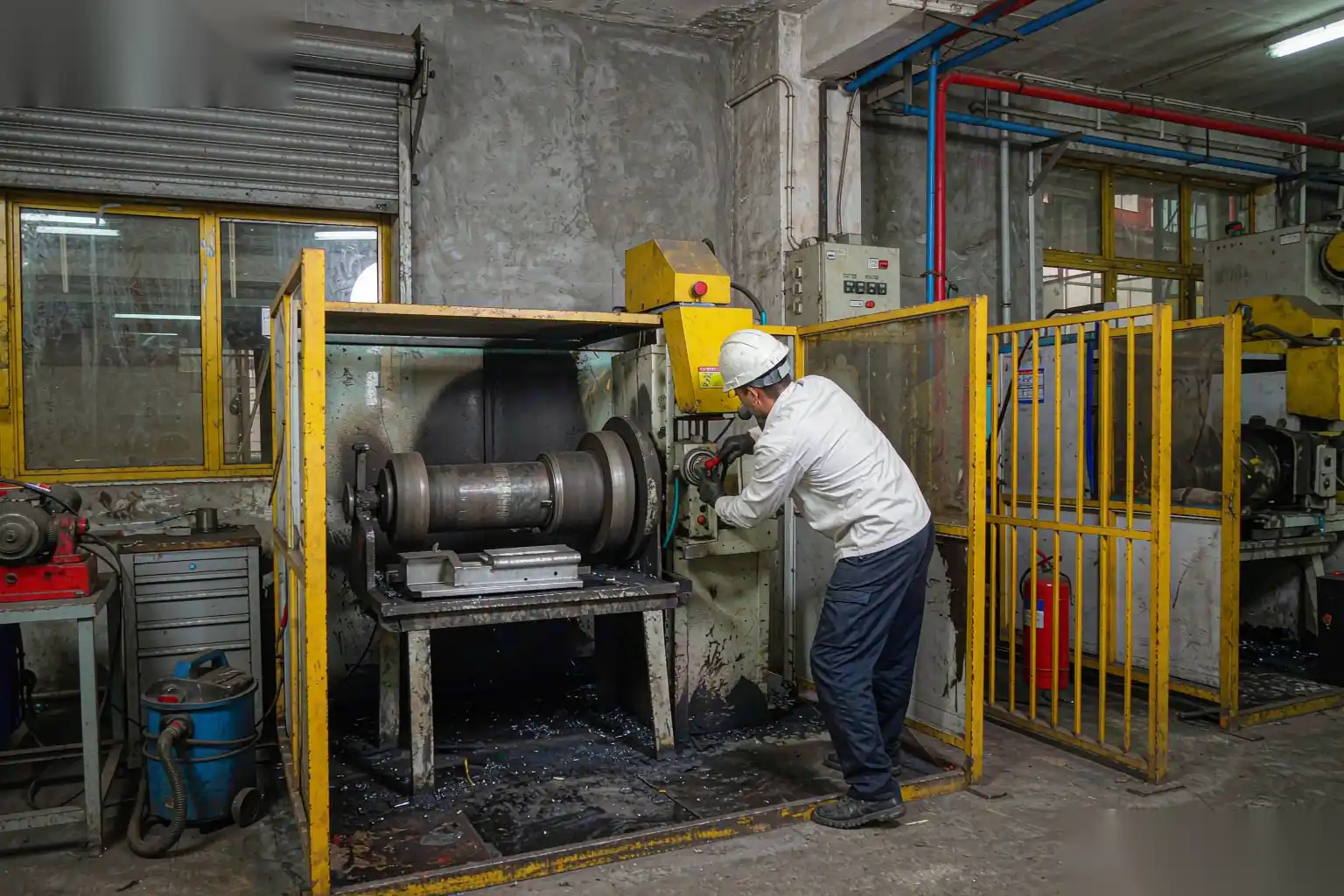Technician performing lockout on a polishing cell
