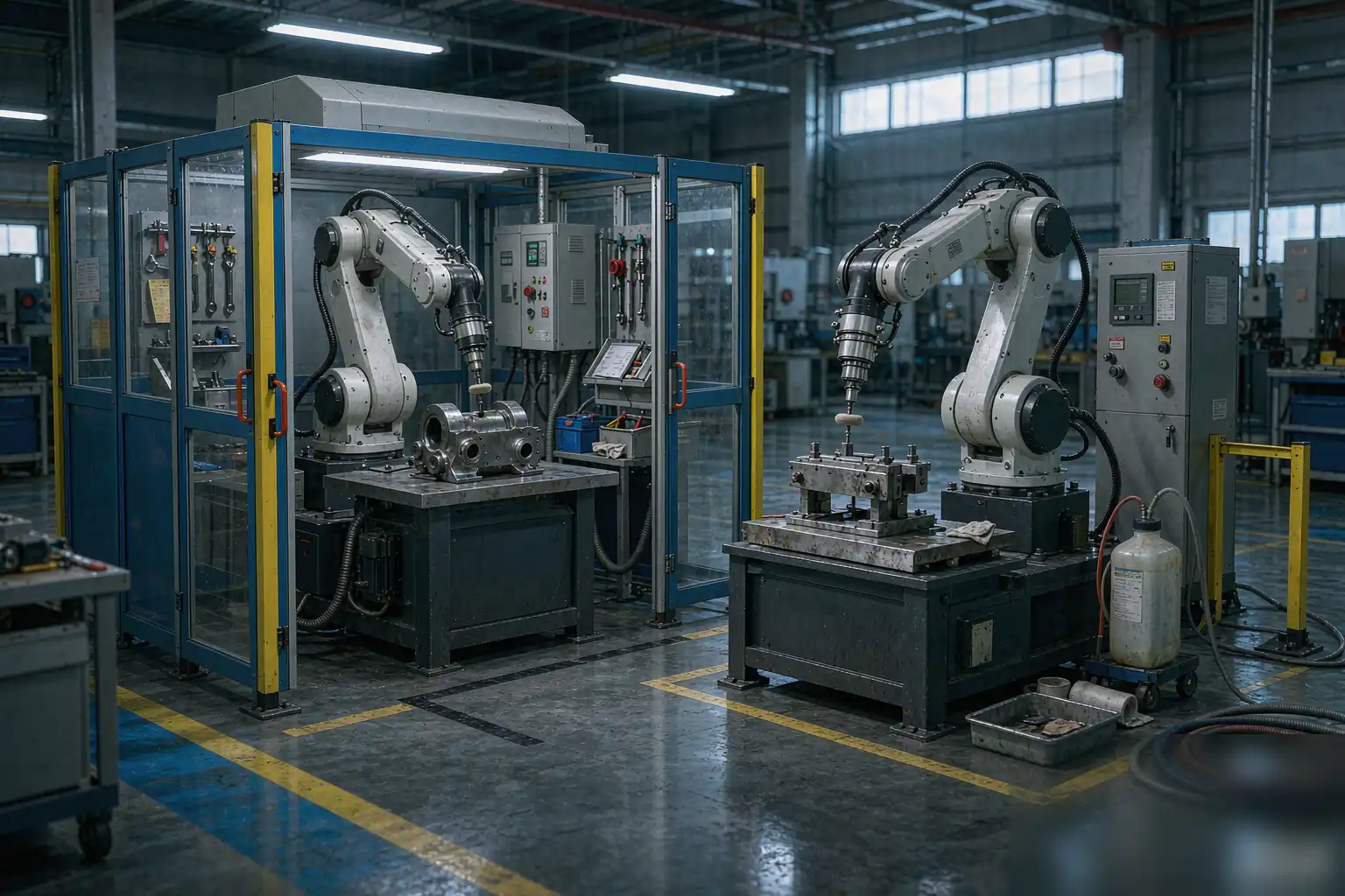 Robotic finishing cell working alongside a machine operator